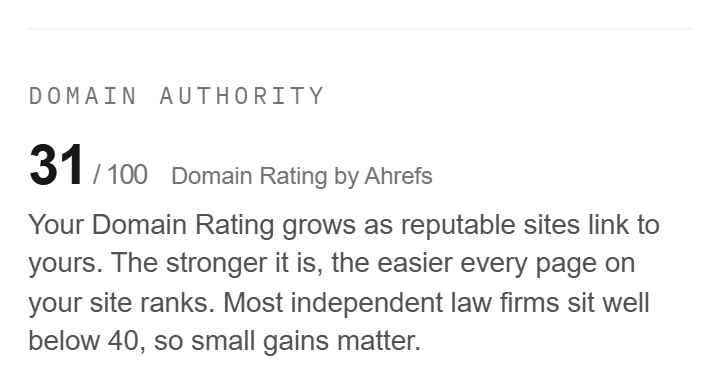 The report's domain authority block: 31 out of 100, attributed to Ahrefs Domain Rating, with a plain-English explanation.